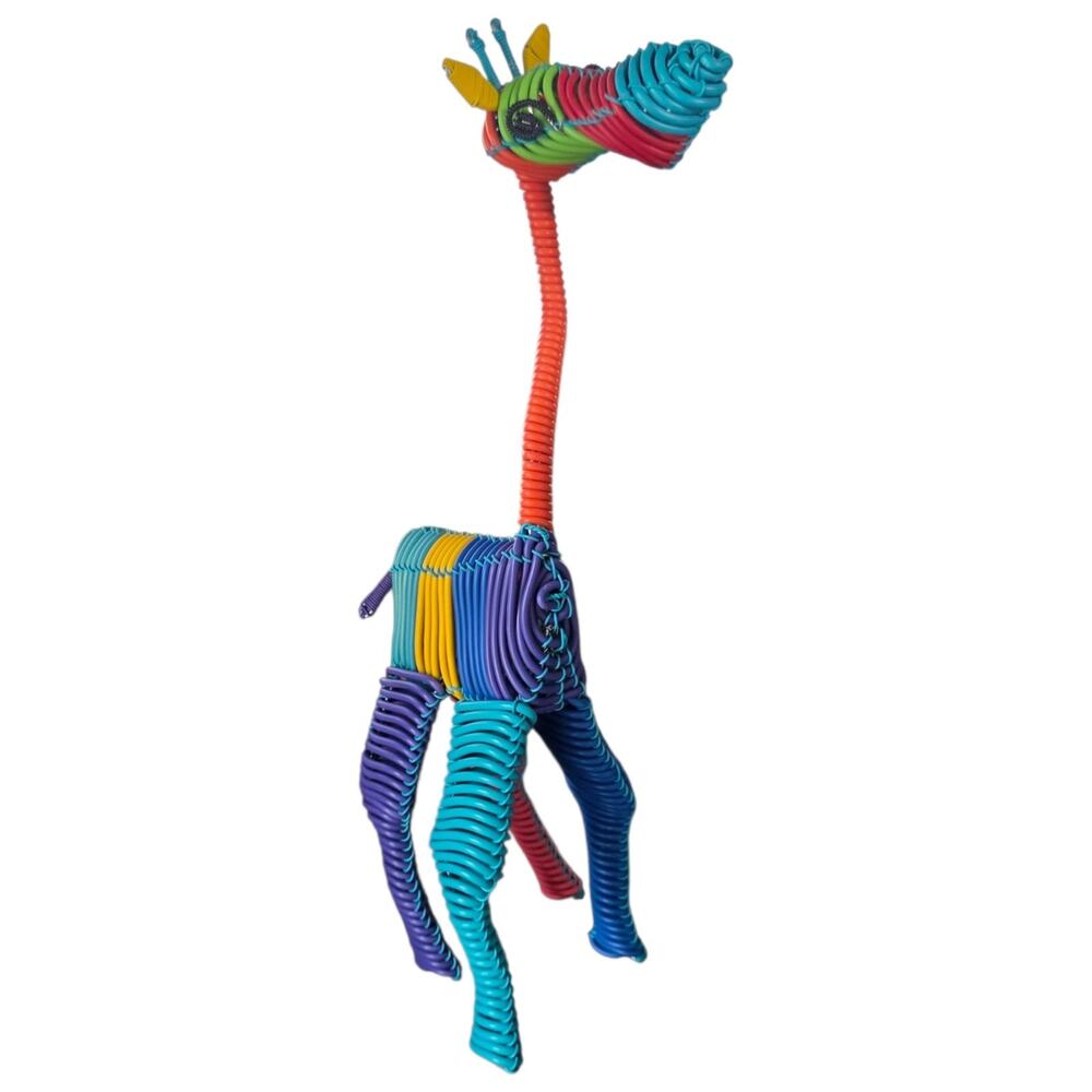 Handmade Telephone Wire Giraffe Sculpture Rainbow Woven Folk Art 15” Tall